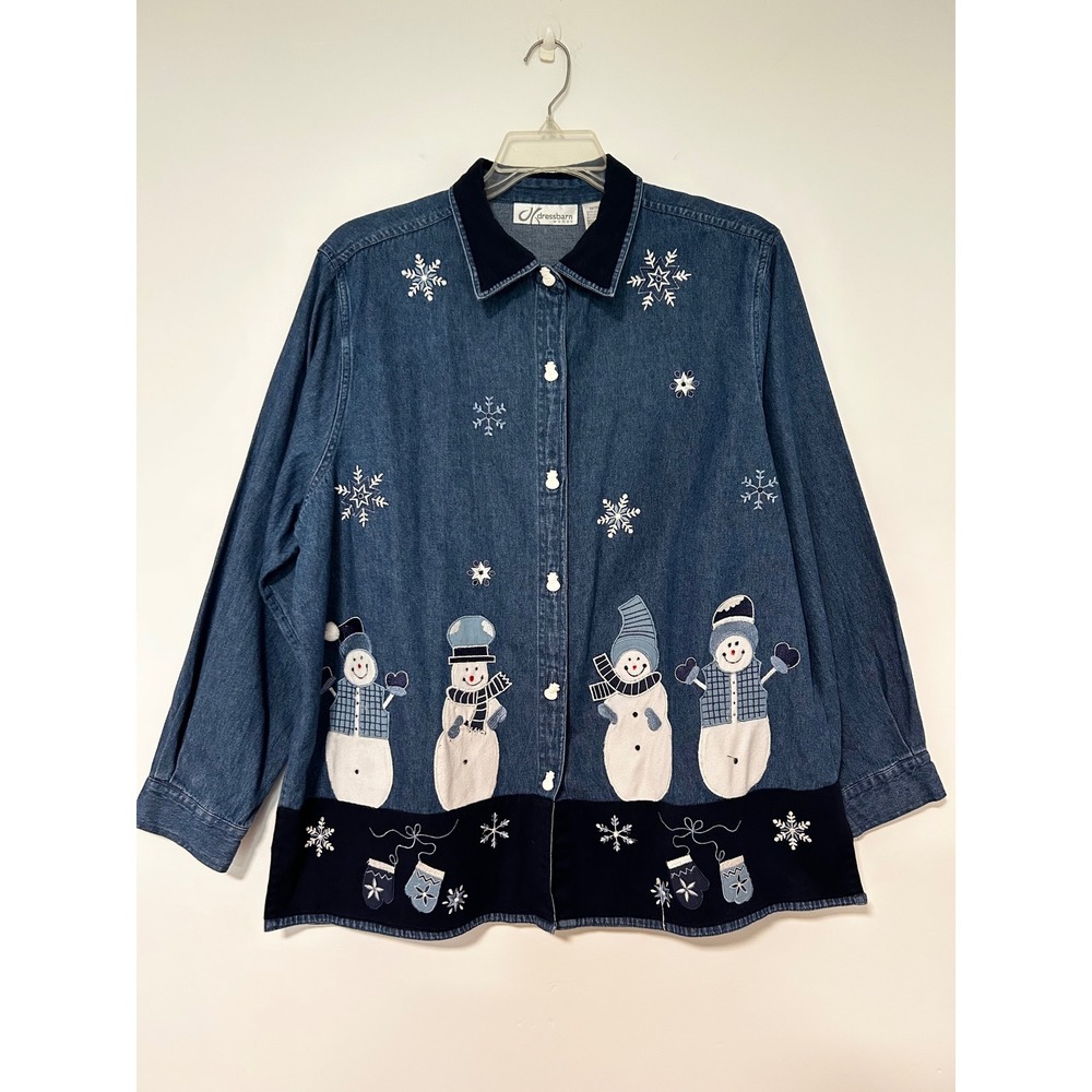 Dressbarn Vintage Snowman Denim Shirt Plus Size 2X Blue Corduroy Trim 18/20
